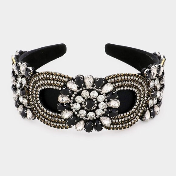80. Black Tux Floral Multi Stone Embellished Headband - Picture 2 of 2